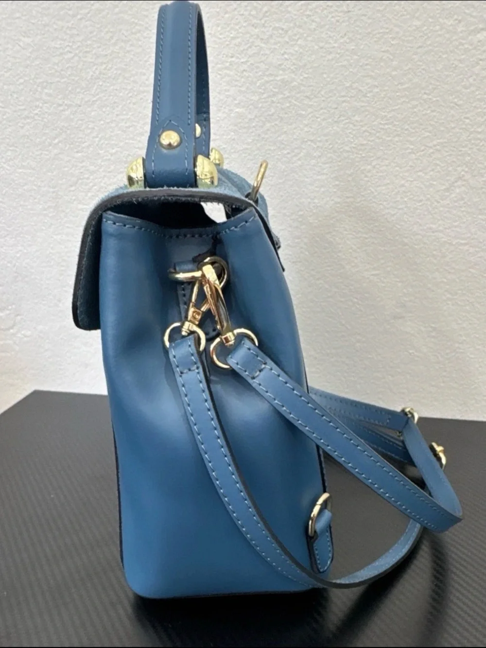 Viola Castellani blue small satchel top handle bag detachable straps